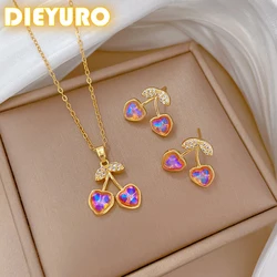 DIEYURO 316L Stainless Steel Cute Gradient Cherry Pendant Necklace Earrings Set For Womens New Trend Non-fading Jewelry Gift
