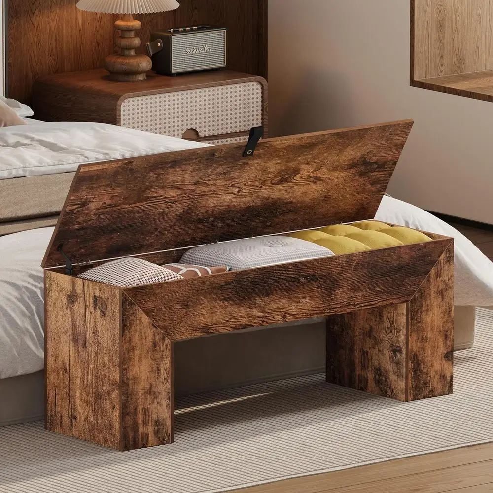 43 Farmhouse Shoe Storage Bench with Lift Top, Wooden Entryway Furniture for Bedroom, Hallway (Rustic Brown)