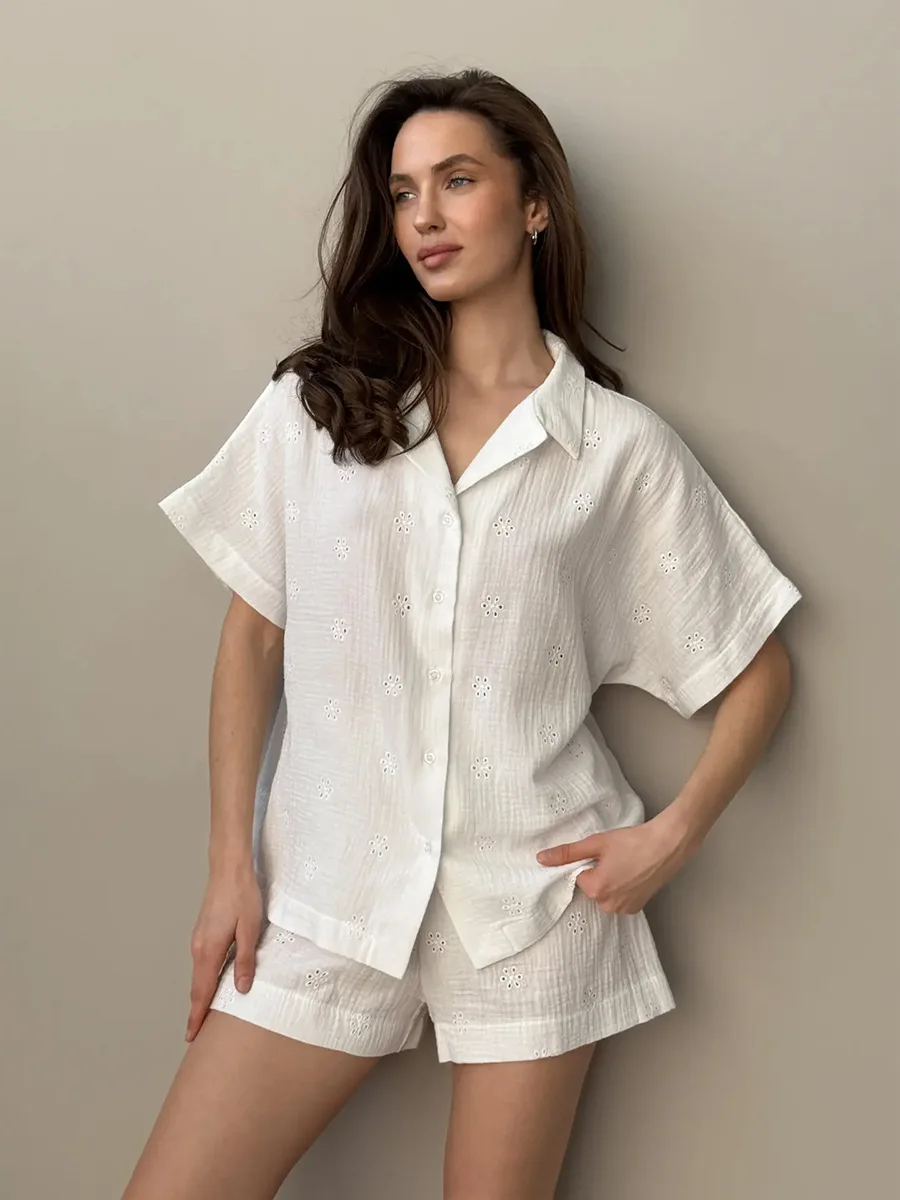 

Blubelle 2025 Summer New Cotton Cardigan Short Sleeve Short Pants Pajama Set rWomen's Hollow Out Flower Design Loungewear