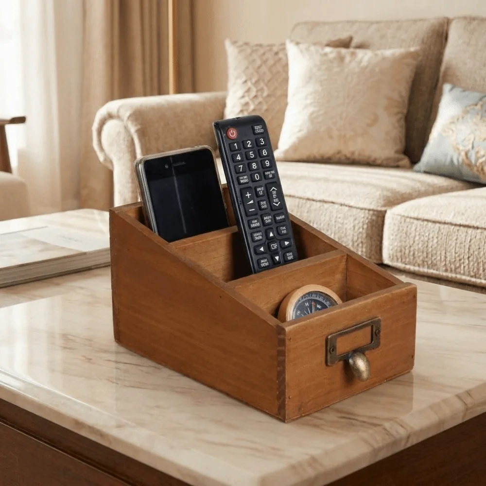 Wooden Remote Control Holder Decorative with 3 Compartments Desktop Storage Box Vintage Style Makeup Brush Holder Office