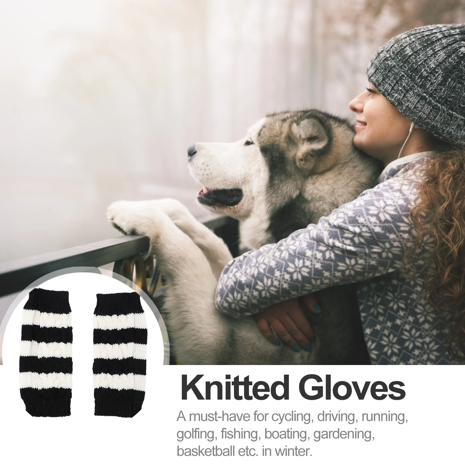 

1pcs 1 Pair Warm Striped Knitted Woolen Yarn Half Finger Winter Gloves For Cycling Driving Activities Durable
