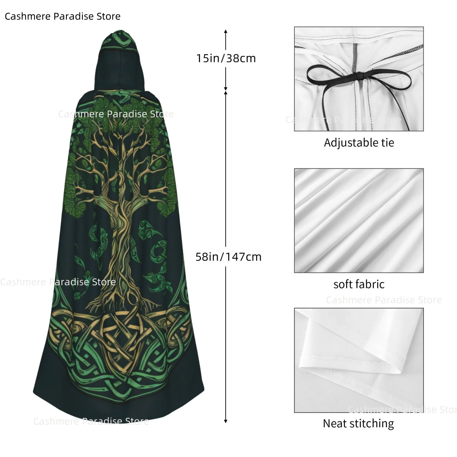 Tree of Life Celtic Adult Cloak Cape Hooded Medieval Costume Witch Wicca Vampire Elf Purim Carnival Party