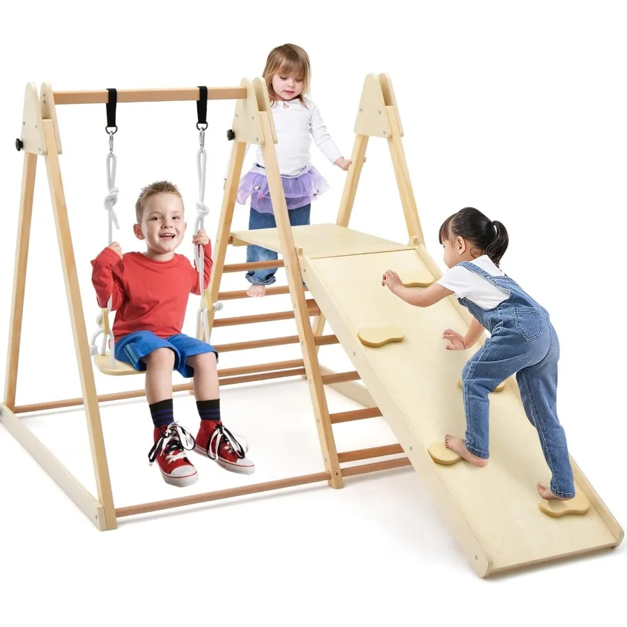 

Детский игровой комплекс 5-в-1 для дома: складные Монтессори-игрушки для лазания с двусторонней горкой и качелями, деревянная игровая площадка для малышей