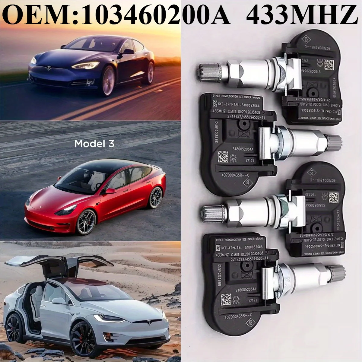 1/4 unidades OEM # 103460200A # 433MHZ TPMS/SENSOR DE PNEU para: TESLA: Modelo S(2014/10-2021/12 Modelo 3(2016/01-2020/08 Modelo X(2016/01-2022/12