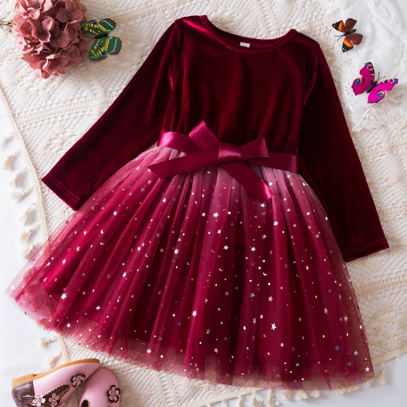 

XED-2025Autumn Winter New Girls Long Sleeve Dress Star Gradient Mesh Princess Dress Christmas Red Dress