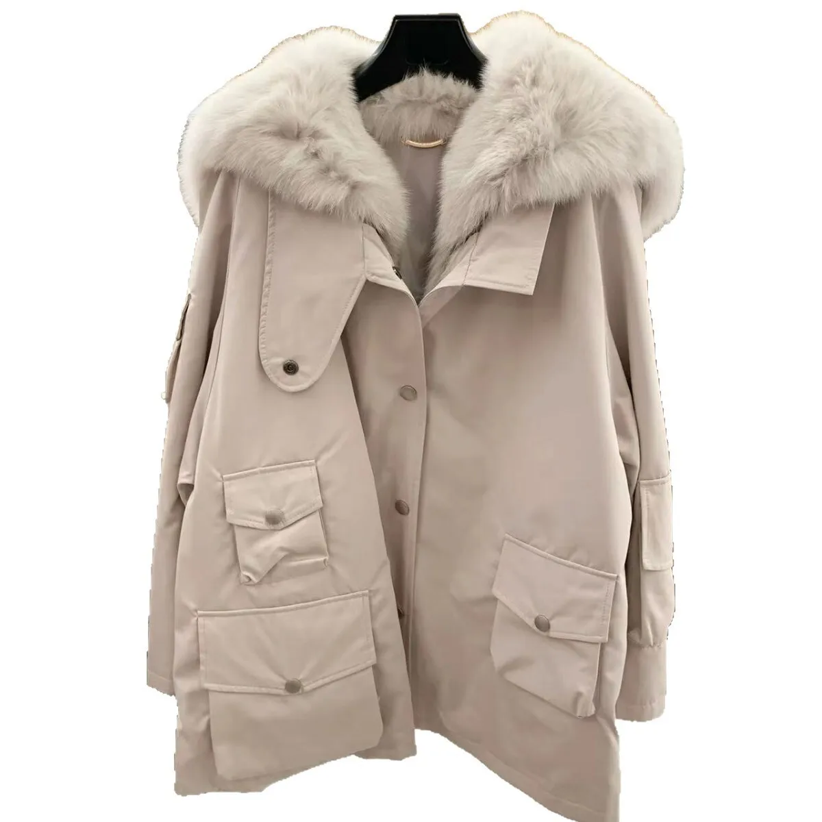 UMI MAO Women's Medium-Length Fox Parka Real Sheep Fur Collar Down Jacket With Detachable Liner Oversized Loose Fit Coat