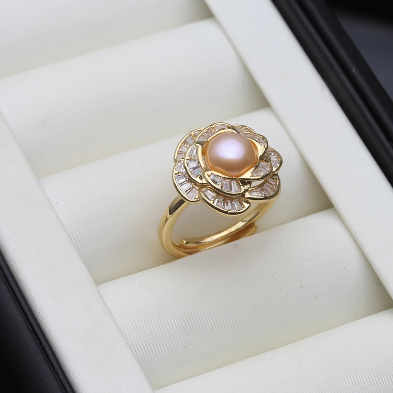 Wedding Natural Freshwater Pearl Rings For Women,Open Flower Pearl Ring Adjustable Size Anniversary Gift White Black