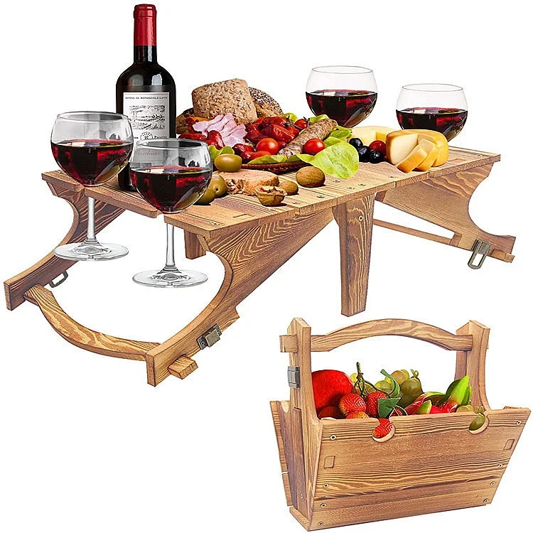 Folding Camping Table Portable Outdoor Picnic Table with Wine Glass Holder Wooden Hand Basket