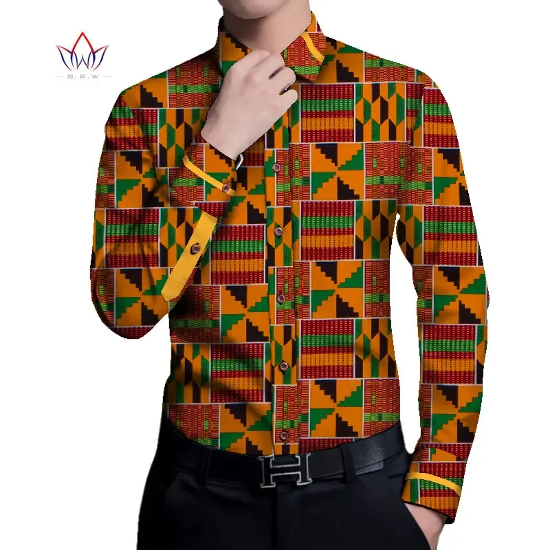 Bintarealwax African Shirt for Men Dashiki Long Sleeve Plus Size African Clothes Patchwork Casual Style Men Shirt WYN937