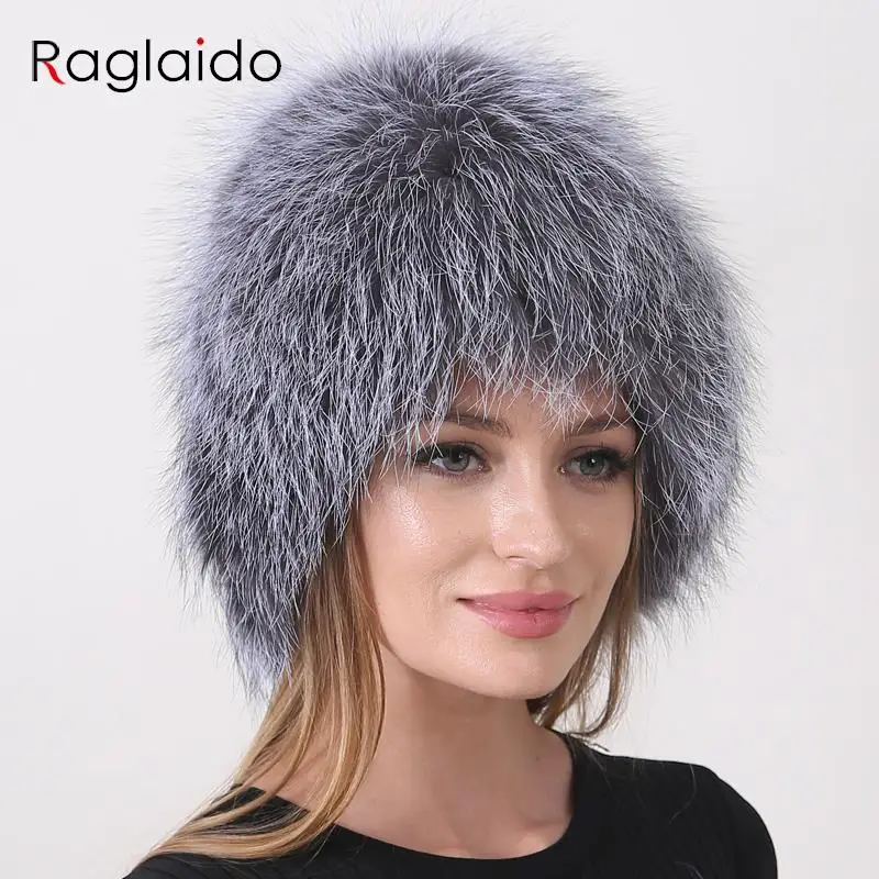 New Luxury 100% Natural Fox Fur Hat Knitted Warm Winter Fluffy Top Stylish Russian Girls Women's Hats Elastic Beanies Round Cap
