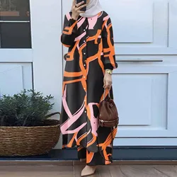 Fashion Matching Sets Muslim Suit Long Sleeve Shirt Dress+Wide Leg Pants 2 Pieces Sets Woman Vintage Printed Dubai Outfits