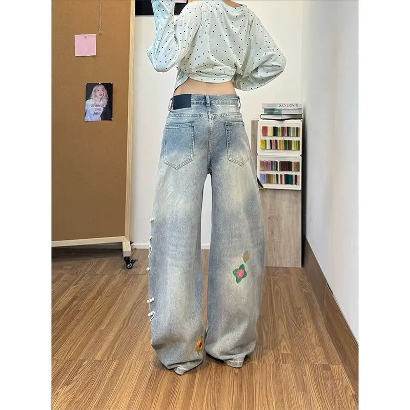 Hot Girl American Style Pearl Embroidered Jeans For Women Summer New Design Wide-Leg Curved Trousers Kawaii Pants Fashion