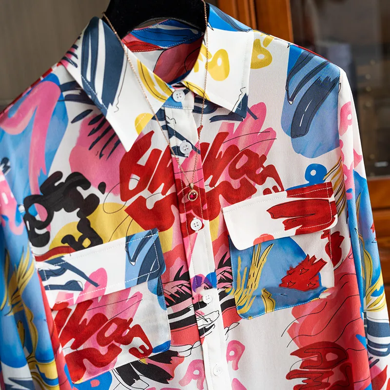 FANIECES Autumn Chiffon Red Printing Shirt for Women Blouses рубашка женская Long Sleeve Korean Button Casual Tops Streetwear