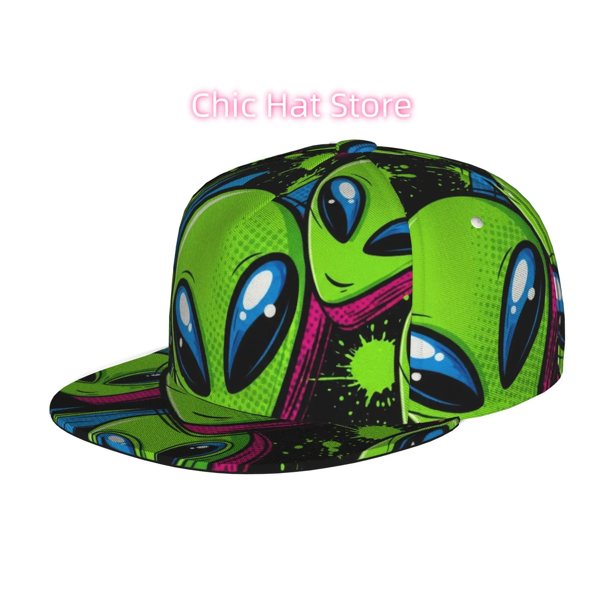 Caps for Both Men And Women Featuring Futuristic Alien Designs in Bright Colors. They Have an Adjustable Snap Brim And a Flat To