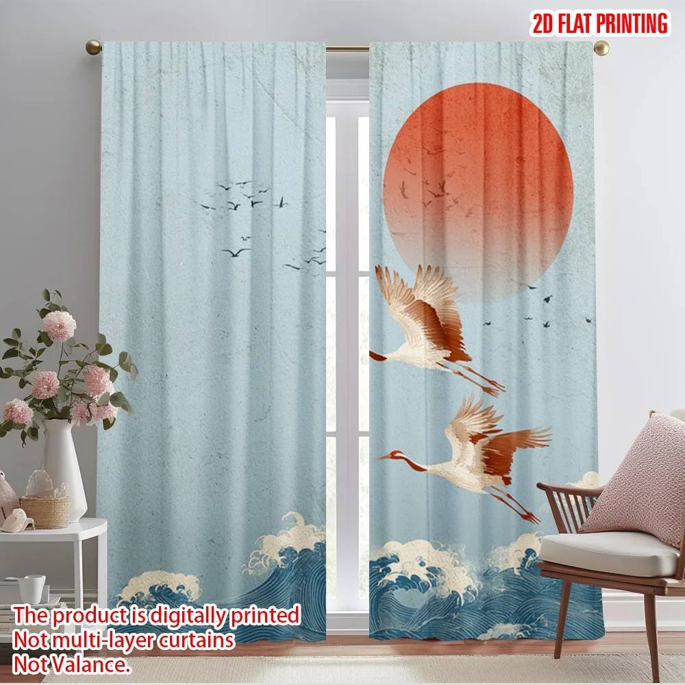 

2pcs 2D flat printing Scene Curtain Cranes Flying Red Sun Waves Polyester Without Electricity 0 Perfect for Indoor Celebrations