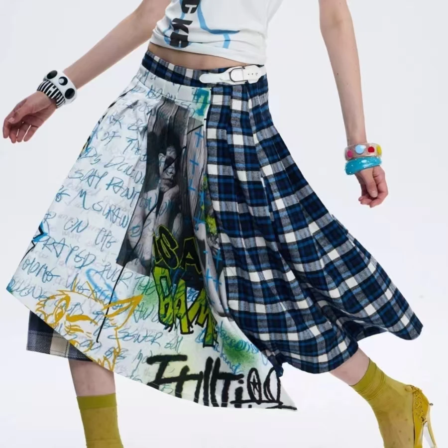 

Autumn Winter Trend New Fashion Graffiti Design Plaid Skirt High Waist Skirt Women's Streetwear Y2K Skirt Woman Clothing