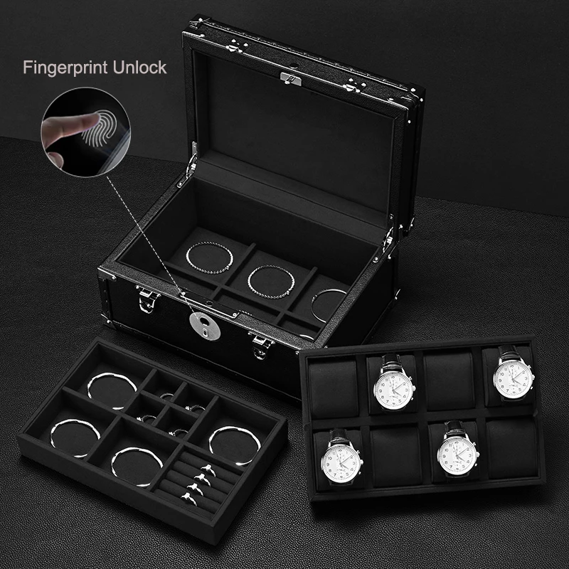 FANXI Luxurious Leather Watch Box with Lining & Fingerprint Unlock for Jewelry Storage & Cases Jewelry Organizer