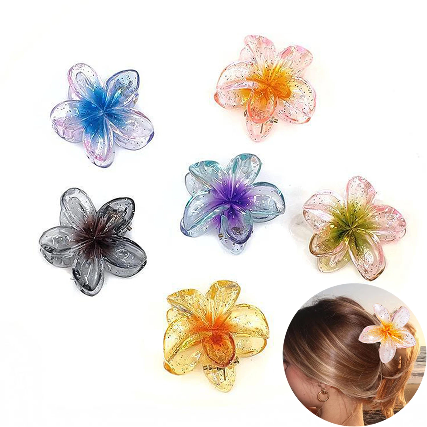 2024 New Gradient 4cm Flower Hair Clip For Women Sequin Sweet Hairpins Hair Claws Crab Clamp Barrettes Hawaiian Hair Accessories