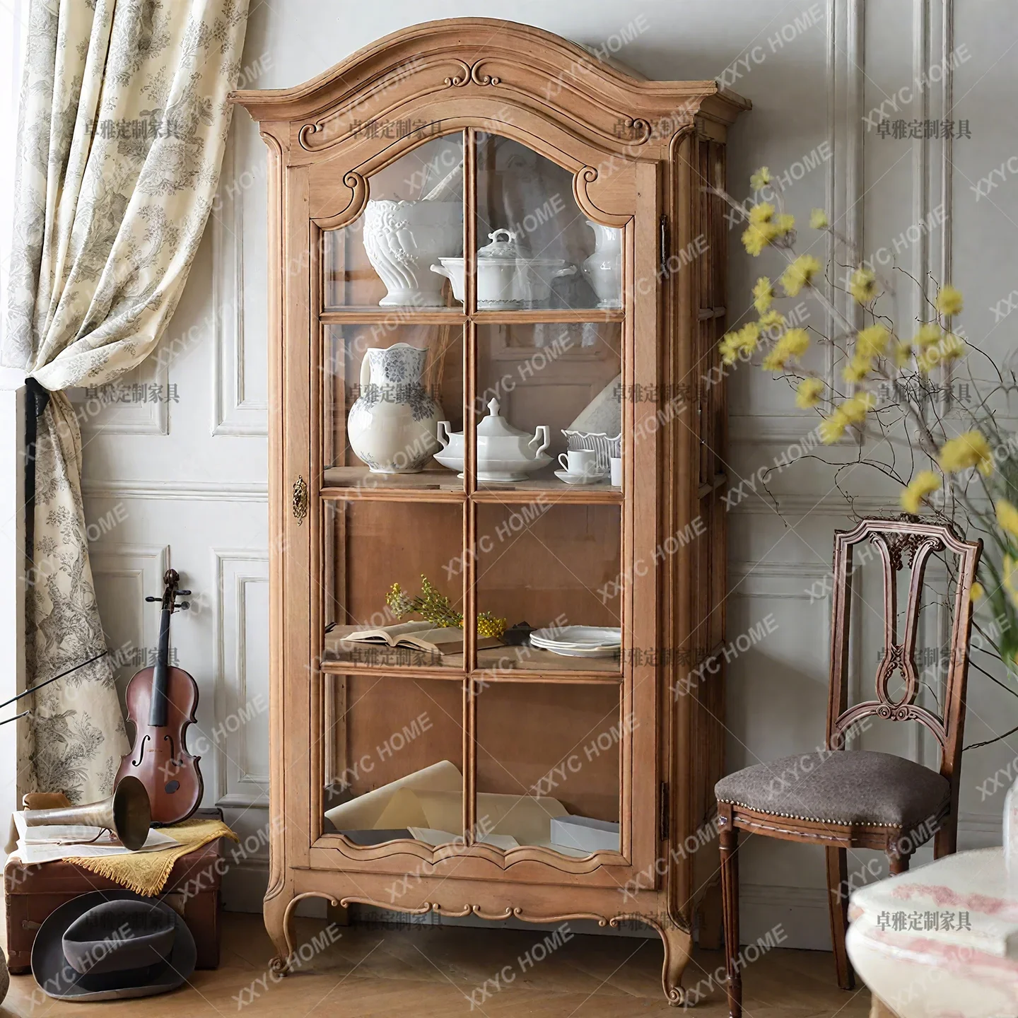 

retro solid wood home glass display cabinet home living room engraved against the wall