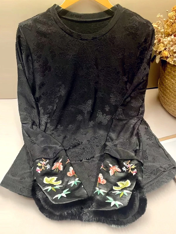 Elegant Embroidered Fleece Lined Lace Shirt Women's Base Layer Top  Pattern Long Sleeve Warm Cotton Polyester Blend
