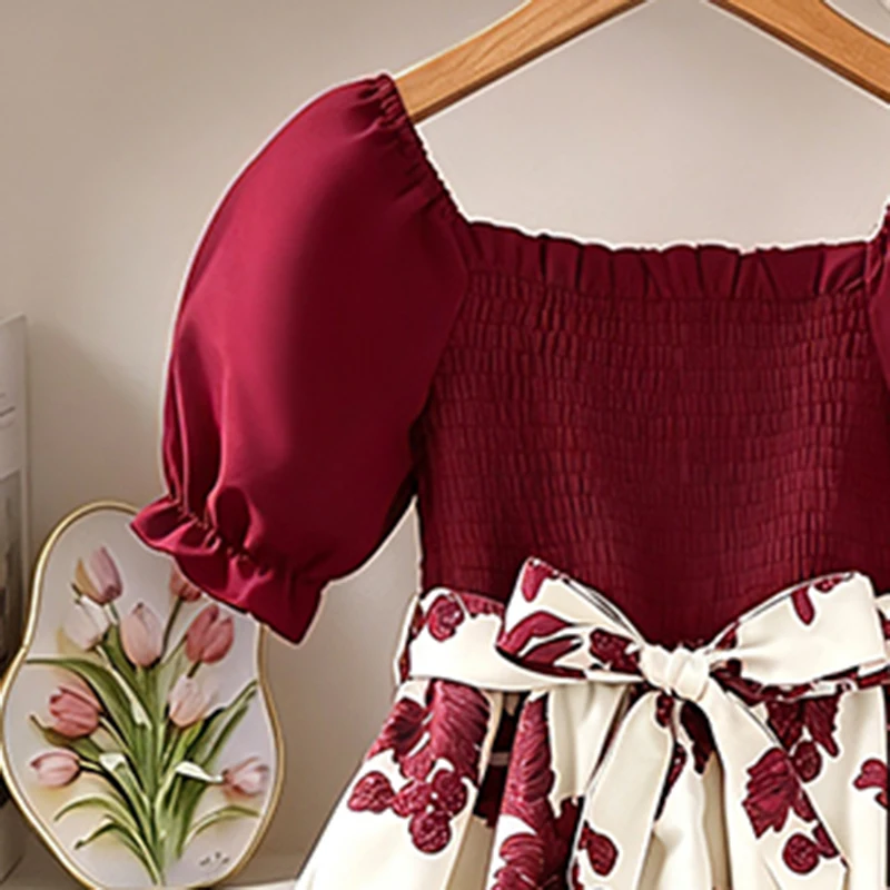 Sommerkleid für Mädchen 13-16 Jahre, Blumenmuster, Quadratischer Ausschnitt, Puffärmel, Gerafftes Oberteil, Schleifenknoten an der Taille, A-Linie, Swing-Midi-Kleid für Teenager – Detail 4