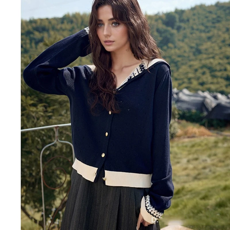 

Autumn Sweet Sailor Collar Women Cardigan Sweater Fashion Long Sleeve Elegant Knitted Coats 2025 Winter Casual Korean Knitwear