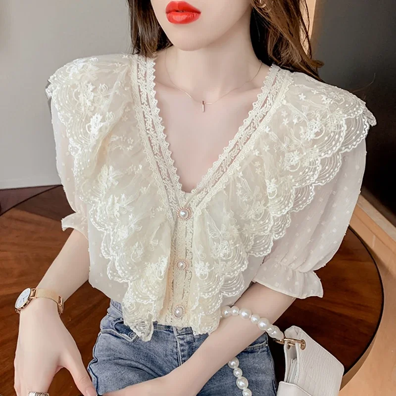 Vintage Summer Lace Tops Women 2024 Elegant Fashion Casual Ruffles White Blusas Mujer Korean Clothing V Neck Chiffon Blouses y2k