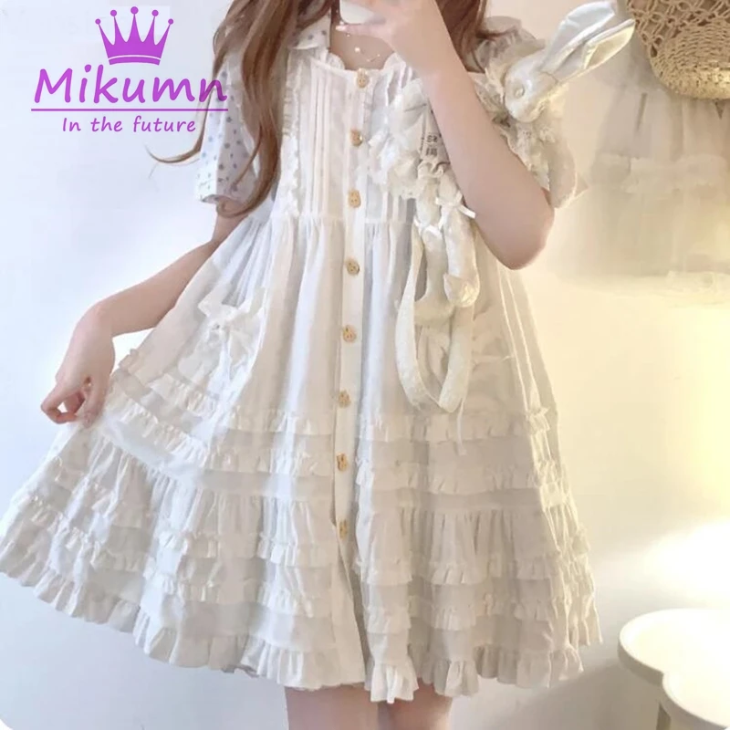 Mikumn Japanese Harajuku Sweet Lolita Mini Dress Women Cute Bow Rabbit Ears Hooded Sleeveless Dress Y2k Girls Kawaii Dresses