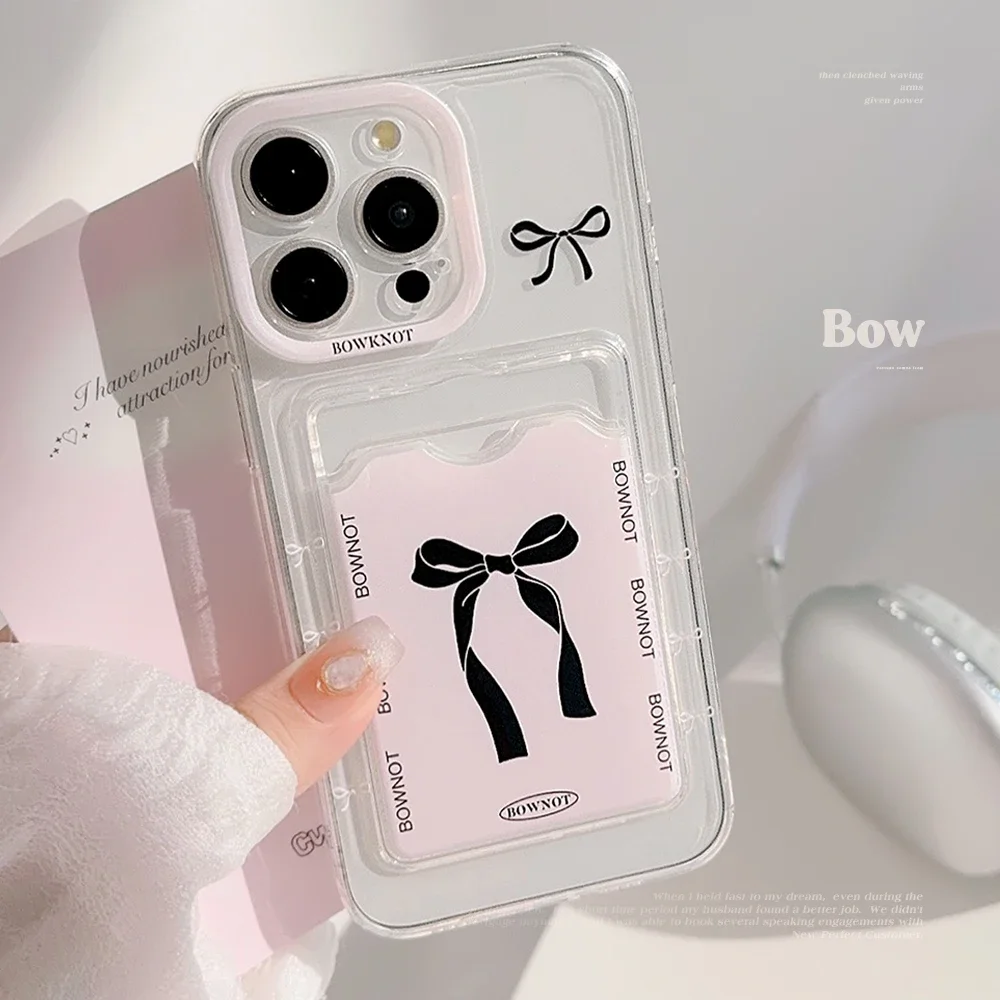 Luxury Lnsert Card Bag Black Bow Tie Phone Case for iPhone 15 14 13 12 11 Pro Max Plus Transparent Fine Hole Bumper Cover