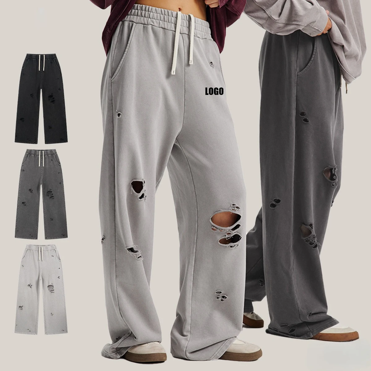 

Custom LOGO men's autumn and winter new 430G heavy 100% cotton cut holes casual fashion wash water old hip hop trousers