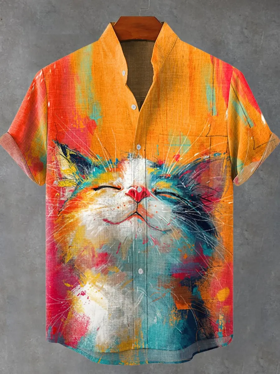 3D print wave print retro casual men's linen short sleeved shirt fashionable men's top linen short sleeved shirt - Image 5