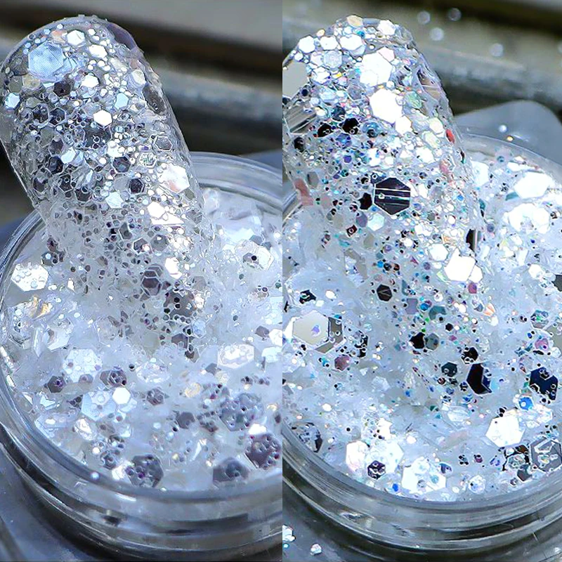 Super Holographic Silver Mixed Nail Art Glitter Sequins Sparkly Mirror Chunky Flakes 3D Paillette Manicure DIY Supplies