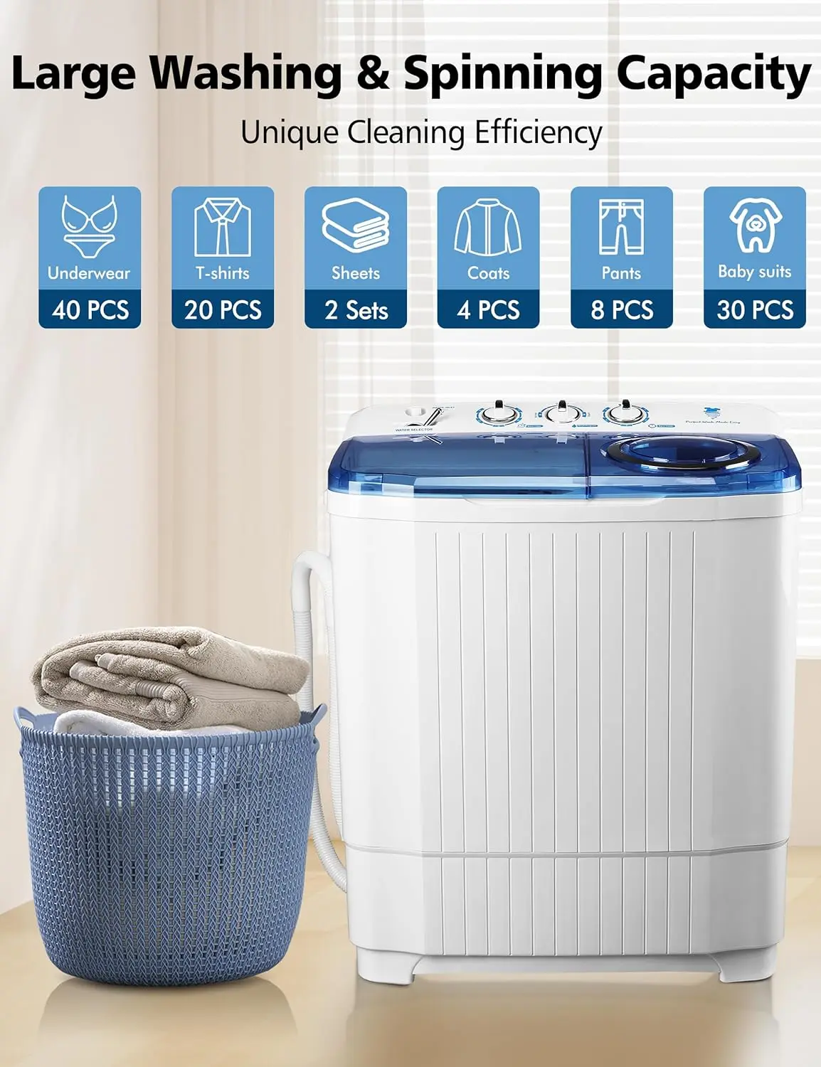 Portable Semi-Automatic Twin Tub Washing Machine - 28Lbs Capacity for Apartments, RVs 18Lbs Washer, 10Lbs Spinner