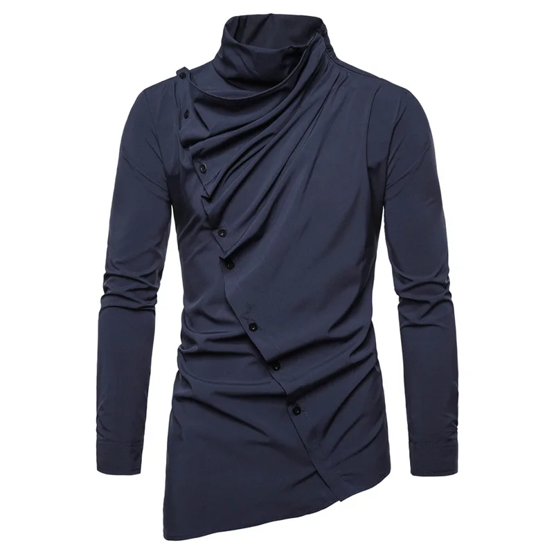 New Men's Asymmetrical Slanted Front with Stacked Collar for Spring and Summer Foreign Trade, Men's Long Sleeved Shirt