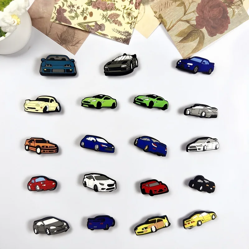 

19pcs Mini Car Charms For Shoes Decoration Track JDM Racing PVC Shoe Charms Fit Clog Sandals Accessories Birthday Party Gift
