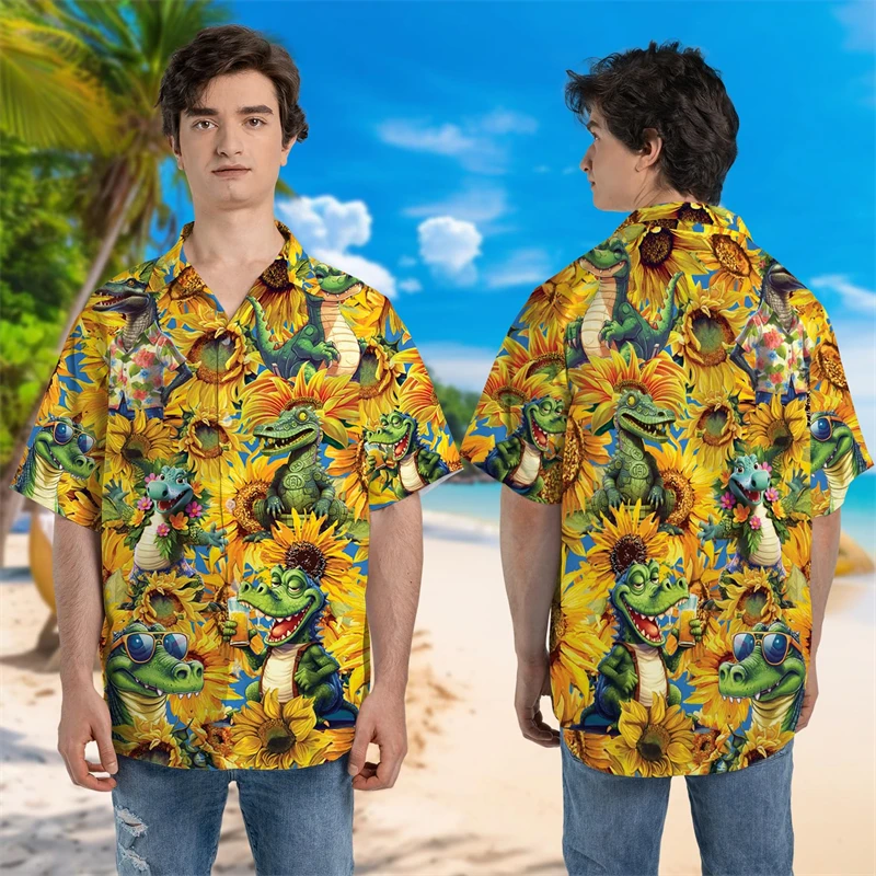 Harajuku Mode Krokodil Grafisch Strandshirt Hawaiiaanse Dierenoverhemden Voor Mannen Cartoon Alligator Liefhebbers Knoop Tops Y 2K Blouses