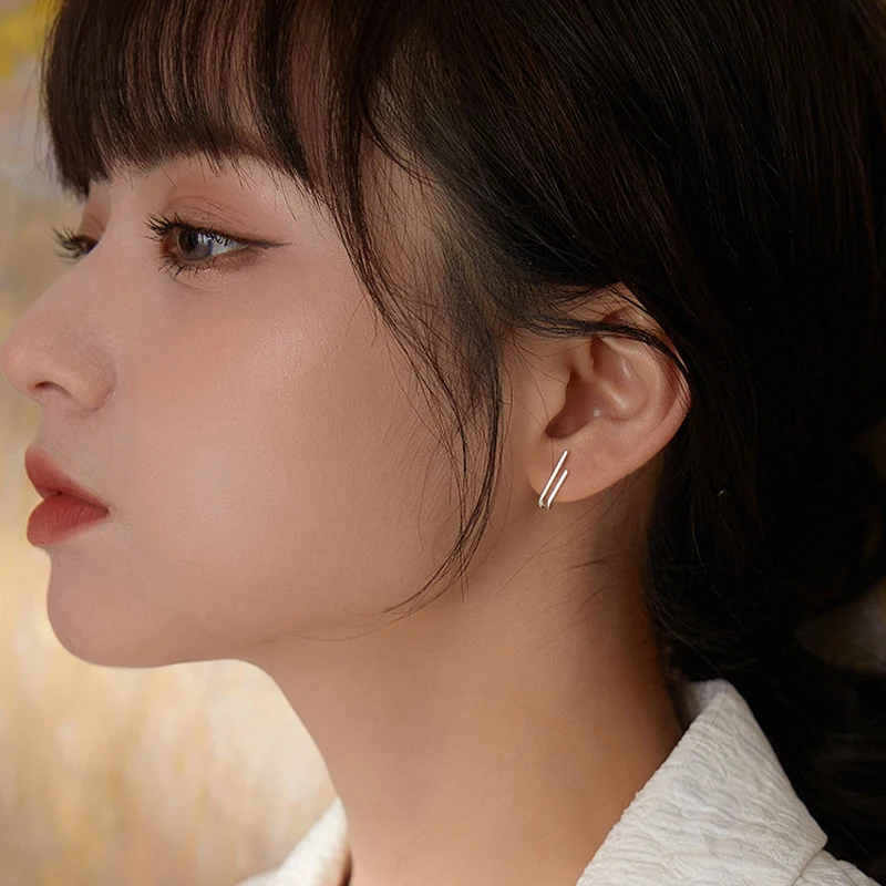 VENTFILLE Silver New Double-layer Line Stud Earrings Female Fashion Temperament All-match Handmade Jewelry