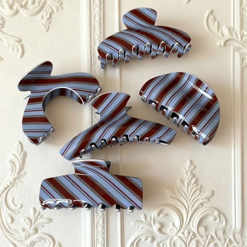 Nowa Seria Retro Niebiesko-Brązowe Paski Akrylowe Klipsy do Włosów Jesienno-Zimowe Modne Spinki dla Kobiet i Dziewcząt Akcesoria do Włosów