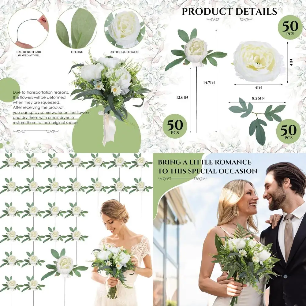 

50pcs Artificial Peonies, 4inch White Silk Peony Flowers Heads for Decoration, Wedding, Party, Home Office