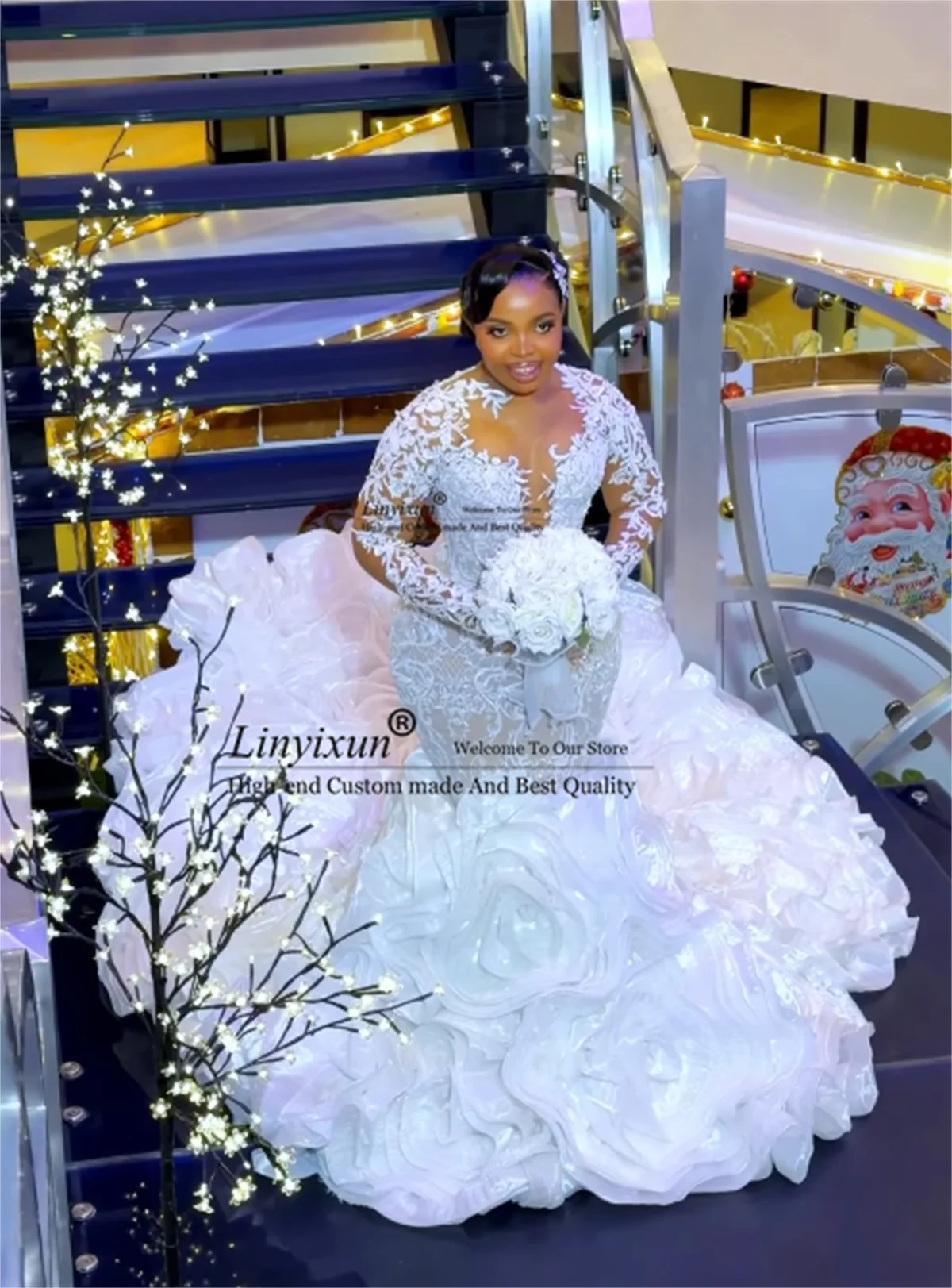 Elegantes afrikanisches Spitzenhochzeitskleid mit Applikationen, Brautkleider, maßgeschneidert, mit langen Ärmeln, Aso Ebi, Rüschenrock, Vestidos de Novia