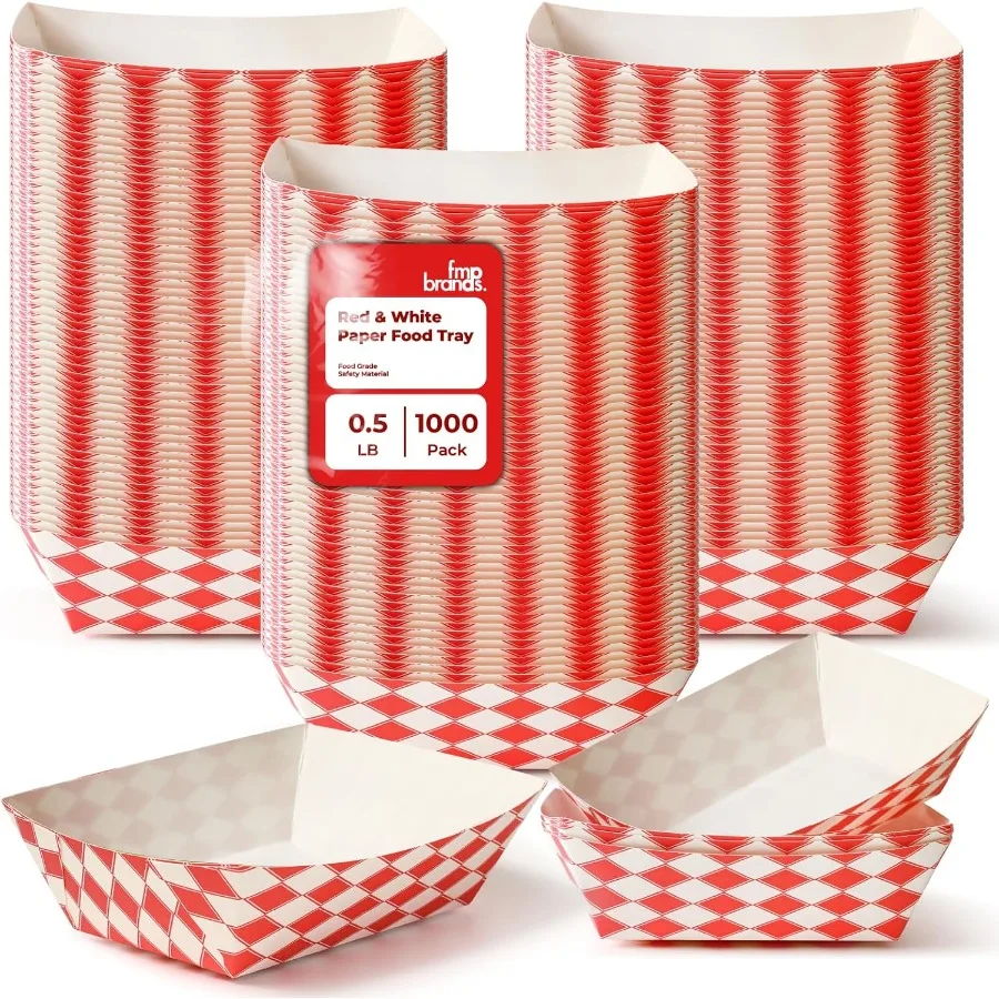 

1000 Pack 0.5 lb Paper Food Boats Heavy Duty Disposable Trays Red Check For Parties Fairs Picnics Carnivals Holds Ketchup Chees