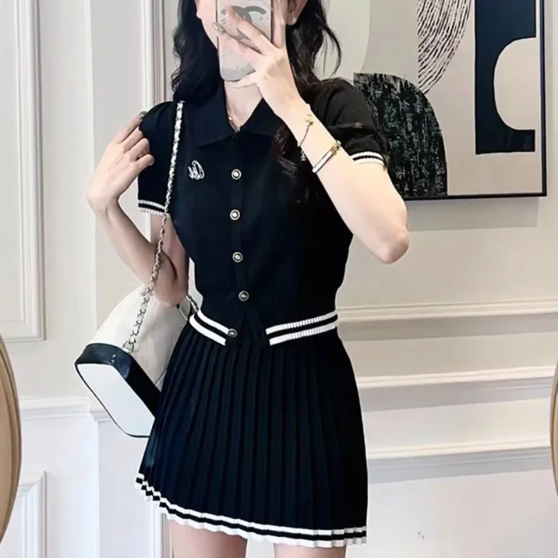 Women\'s Summer New Polo Neck Knitted Set Skirt Fashion Academy Style Button Top High Waist Pleated Short Skirt 2-piece Set Skirt