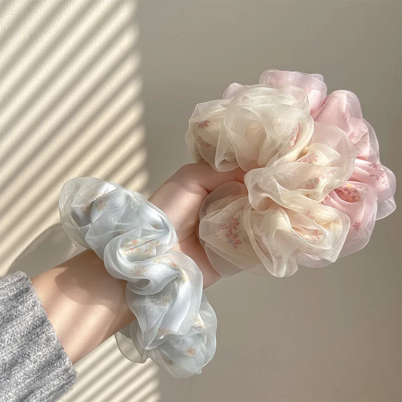 Double Layer Hair Bands Silk Organza Hair Rope Oversized Floral Hair Scrunchie Hair Accessories Net Yarn Elastic Hair Tie Bands