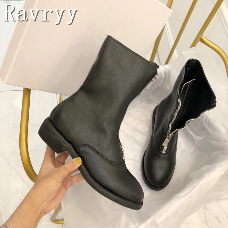 New Front Zippers Boots for Women Round Toe Thick Heels Leather Ankle Boots Solid Color Female Luxury Brand Footwear