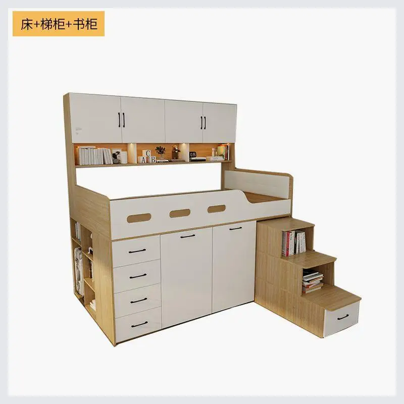 Small apartment solid wood high box storage bed wardrobe integrated, bed desk combination bed, multi-functional elevated bed