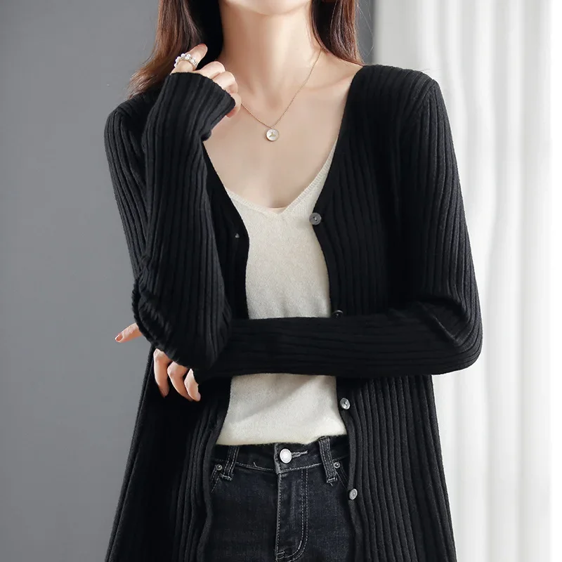 Women Cardigans Spring Autumn Long Sleeve Stripe V-neck Sweater Korean Fashion Single Breasted Knitted Casual Strecth Cardigan