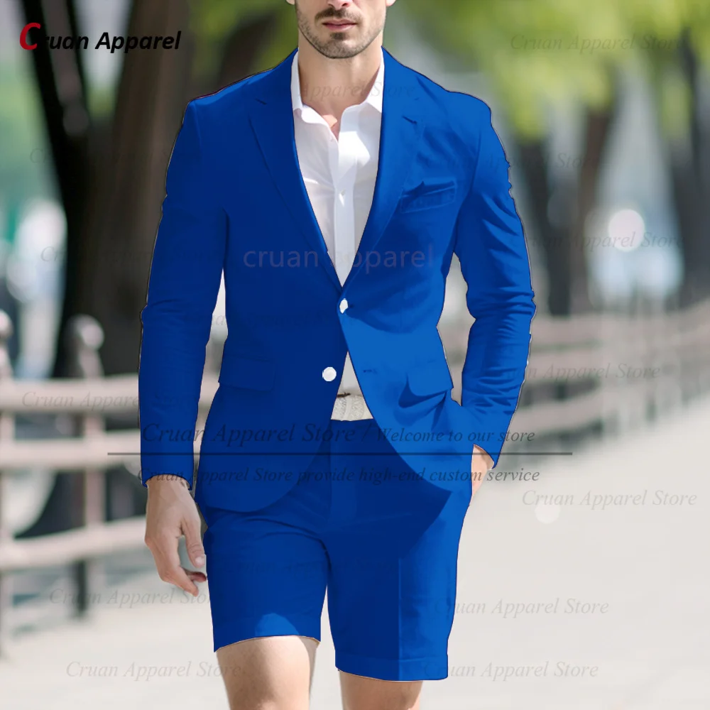 Fashion Men Classic Royal Blue Suit Set Birthday Banquet High Quality Outfits Casual Party Stylish Solid Blazer Short Pants 2Pcs