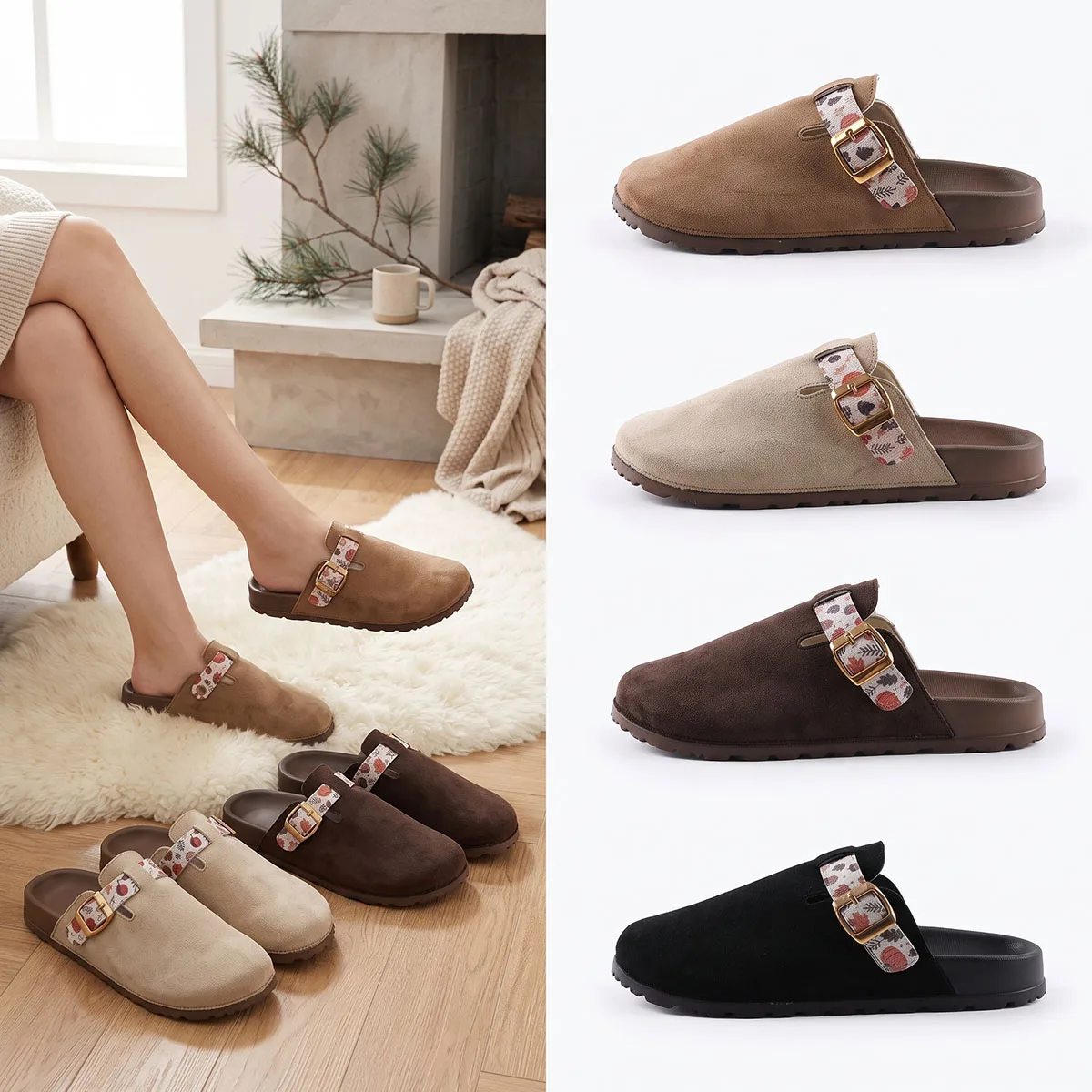 Mules de Mujer Talla Grande 4 Colores con Punta Cerrada, Correa Decorativa con Hebilla Dorada, Zuecos Planos Elegantes y Fáciles de Poner