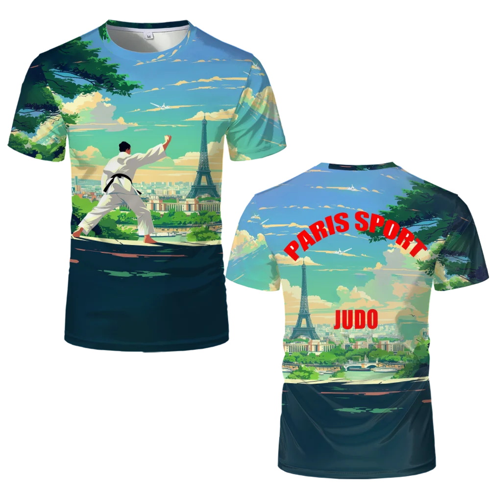 

Paris Judo Sports Game Printed T Shirt 2024 Summer French Eiffel Tower Graphic Tshirts Karate Competitions Mens Designer Clothes