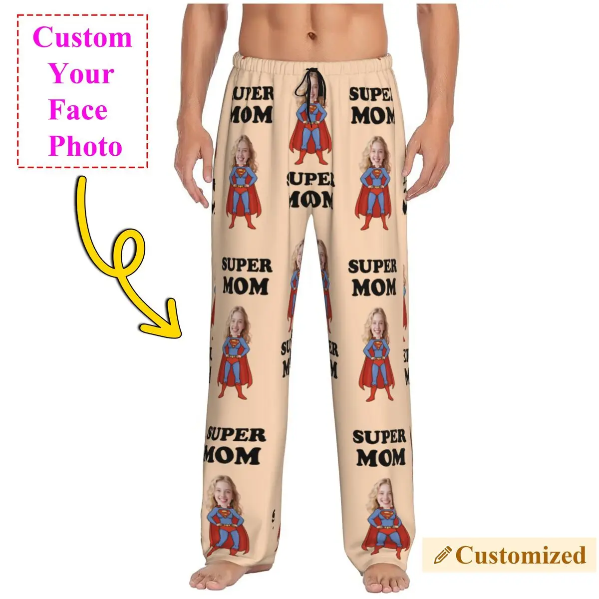 Super Mom Custom Pajama Pants Sleepwear Men Elastic Waistband Personalized Face Photo Print Sleep Lounge Bottoms with Pockets